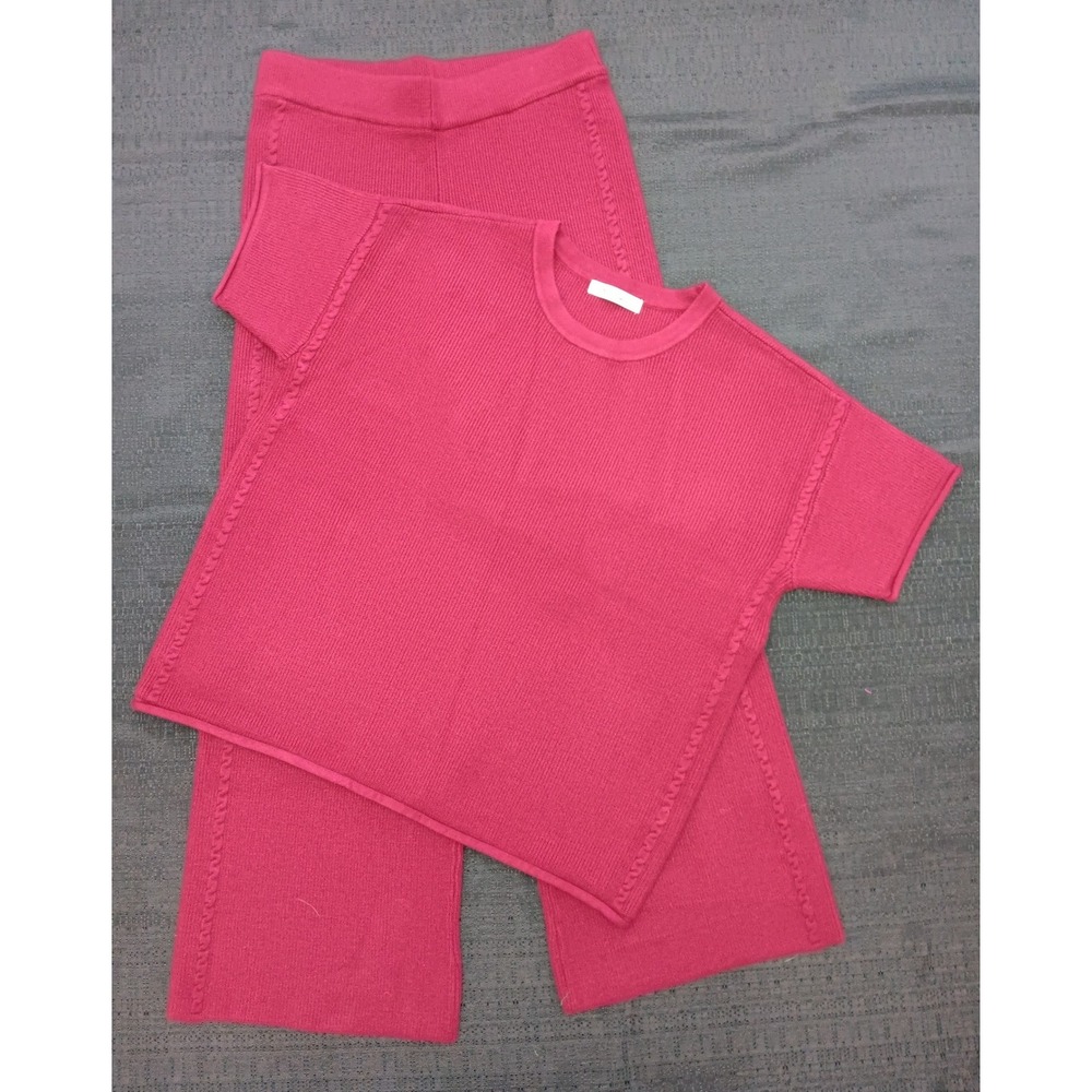 Zenana Women Pink Ribbed Knit 2 Piece Set Short Sleeve Top Wide Leg Pants M NWOT